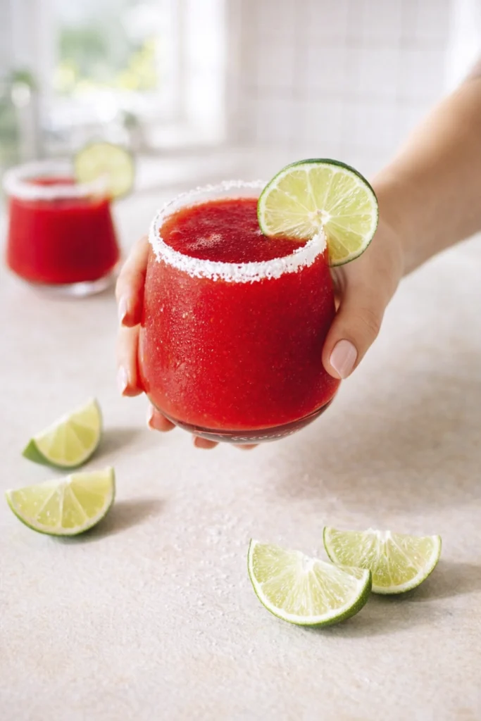 Frozen red margarita with salted rim and lime garnish served in a rounded glass with fresh lime wedges nearby.
