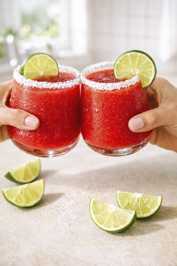 Frozen red margarita with salted rim and lime garnish served in a rounded glass with fresh lime wedges nearby.