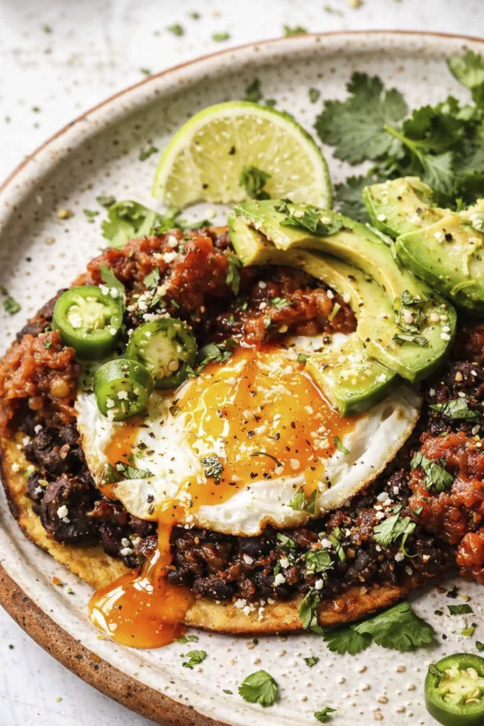 Top view of two Mexican tostadas topped with fried eggs, avocado slices, black beans, salsa, jalapeños, and cilantro on a ceramic plate