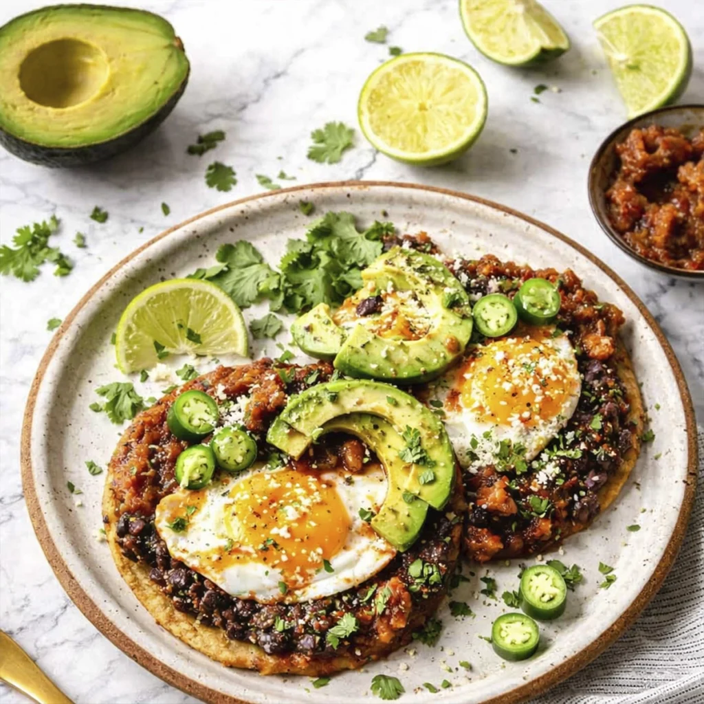 Mexican breakfast tostadas with fried eggs, avocado, black beans, salsa, and jalapeños on a ceramic plate.