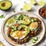 Mexican breakfast tostadas with fried eggs, avocado, black beans, salsa, and jalapeños on a ceramic plate.