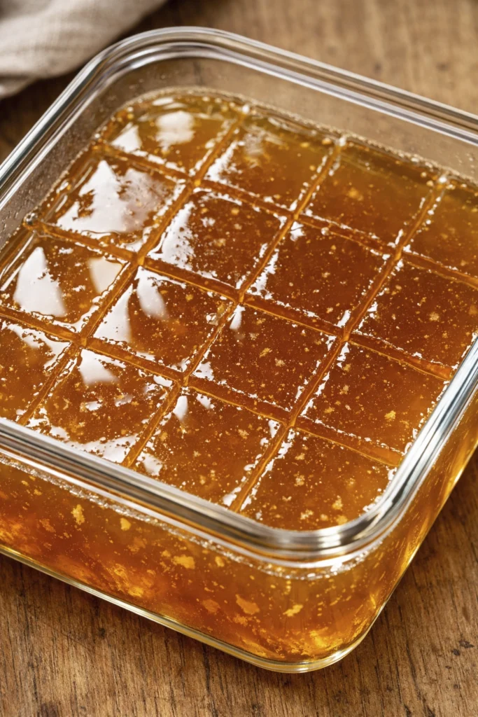 Close-up of clear golden homemade gelatin with a cut grid pattern inside a glass container, showing a firm jelly texture.