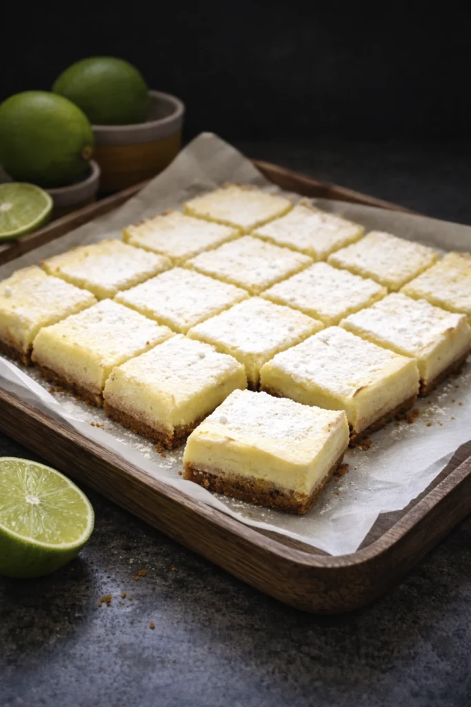 Homemade key lime bars with powdered sugar on a marble board topped with fresh lime halves and graham cracker crust