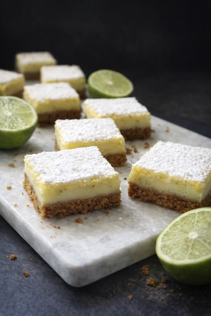 Homemade key lime bars dusted with powdered sugar arranged in a wooden tray with parchment paper and fresh limes