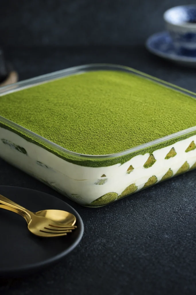 Matcha tiramisu in a glass dish with smooth green tea powder layer and visible creamy layers