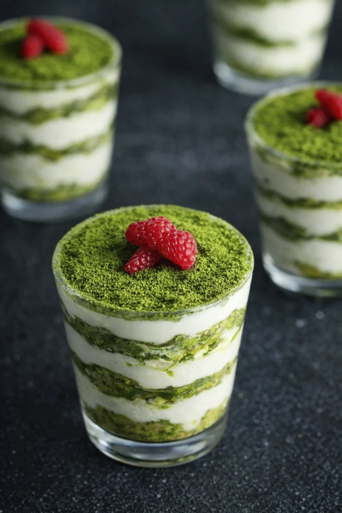 Matcha tiramisu cups layered with cream and green tea topped with raspberries in glass desserts