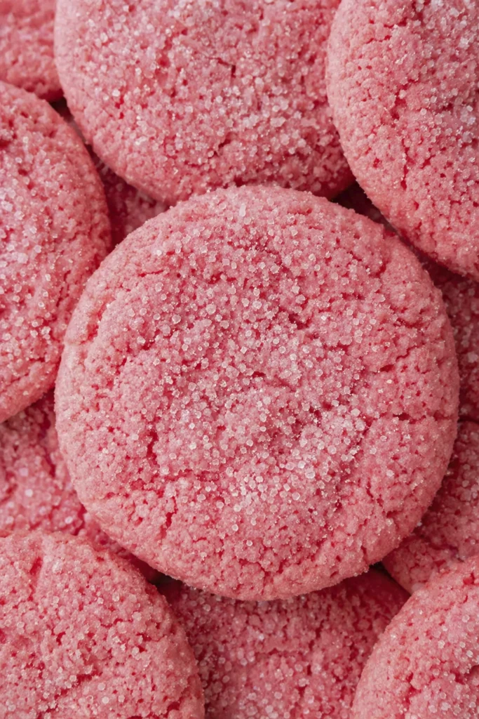 Overhead image of bright pink sugar cookies cooling on a wire rack with baking props on a gray countertop.