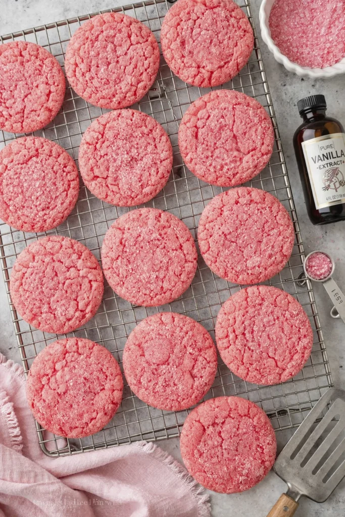 Close-up overhead image of bright pink sugar cookies coated with sparkling sugar crystals and arranged tightly together.