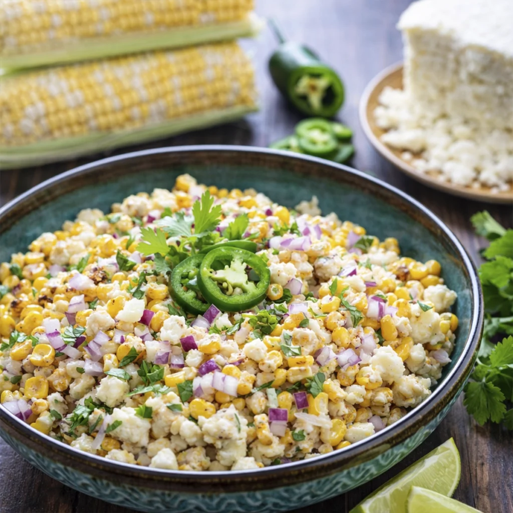 Creamy Mexican street corn salad with cheese, jalapeños, cilantro, and lime served in a rustic bowl.