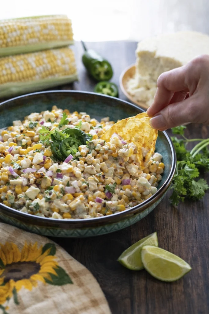 Close-up of creamy Mexican street corn salad with cotija cheese, red onions, cilantro, and jalapeño slices in a rustic bowl with lime wedges