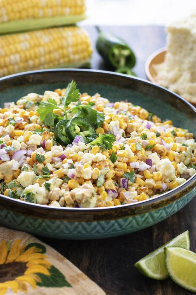 Hand dipping tortilla chip into creamy Mexican street corn salad with jalapeños, cilantro, red onions, and cheese in a rustic bowl