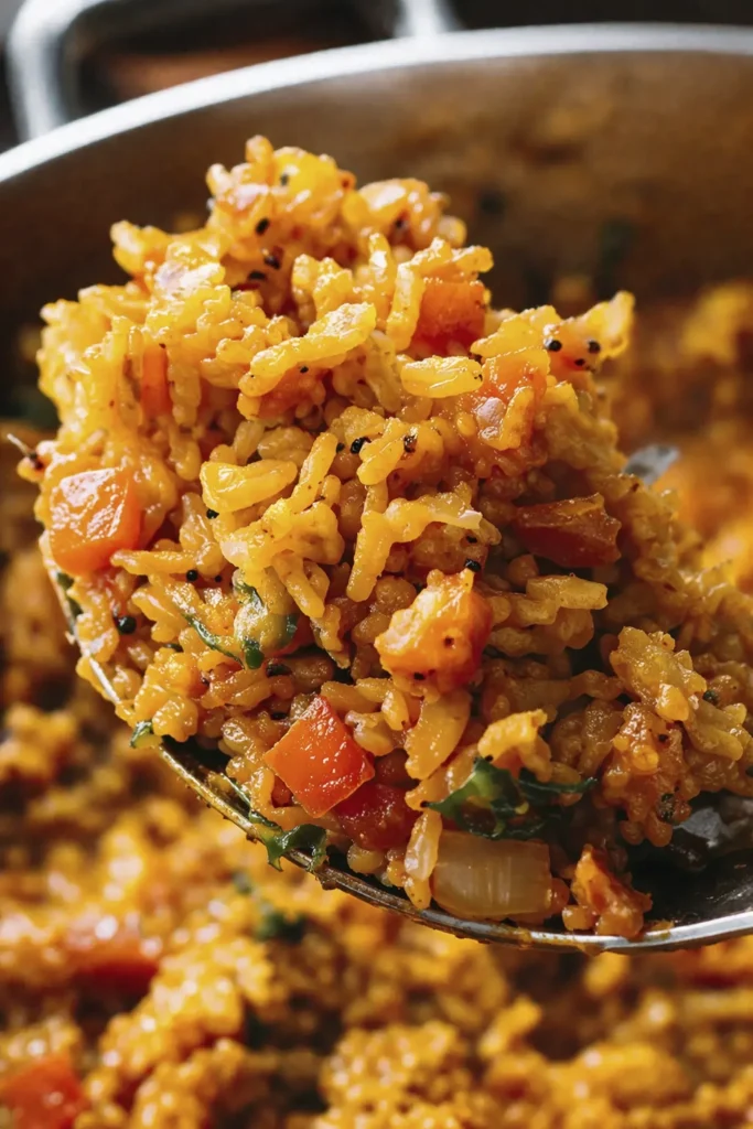 Overhead view of Mexican-style orange rice in a white bowl topped with cilantro and served with fresh lime wedges.