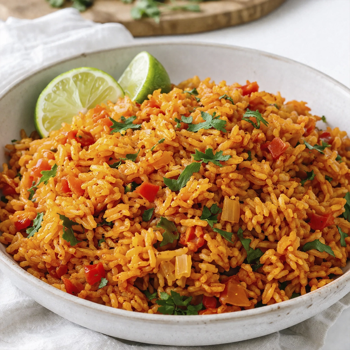 Close-up of Mexican red rice in a ceramic bowl topped with cilantro and served with fresh lime wedges.