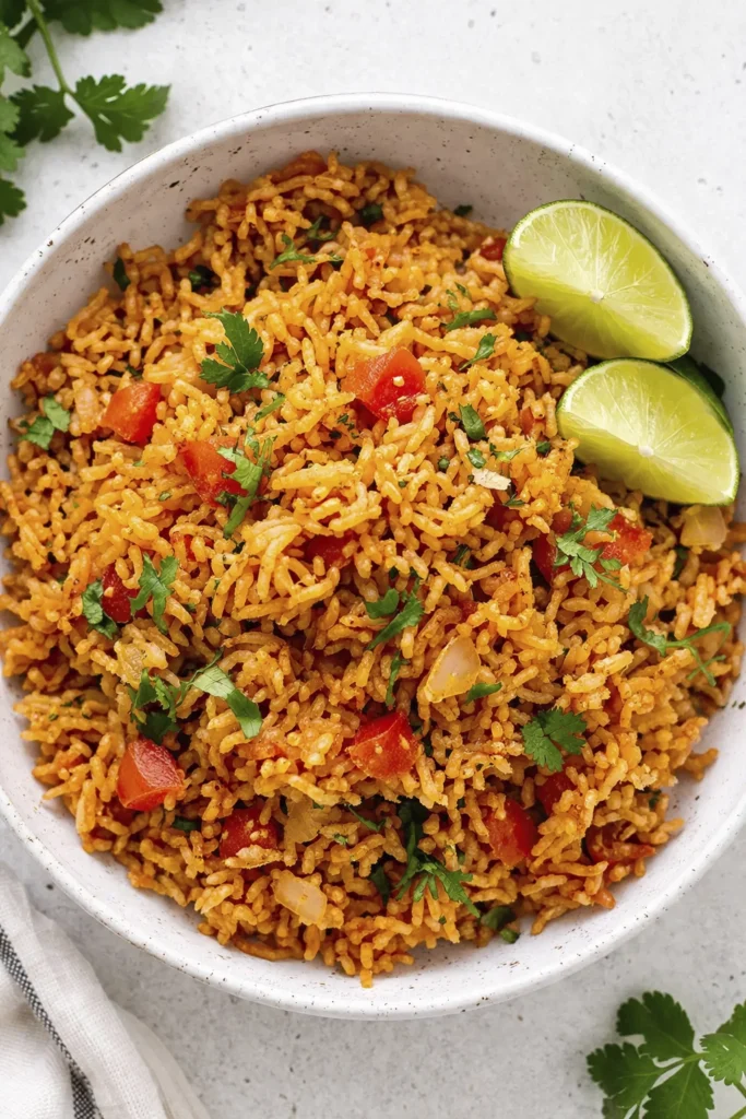 Close-up of a spoonful of orange spiced rice with carrots, onions, herbs, and peppers over a pan of flavorful homemade rice.