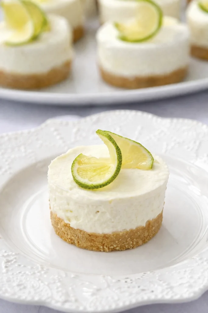 Single mini no-bake lime cheesecake with graham cracker crust and fresh lime garnish on a white dessert plate.