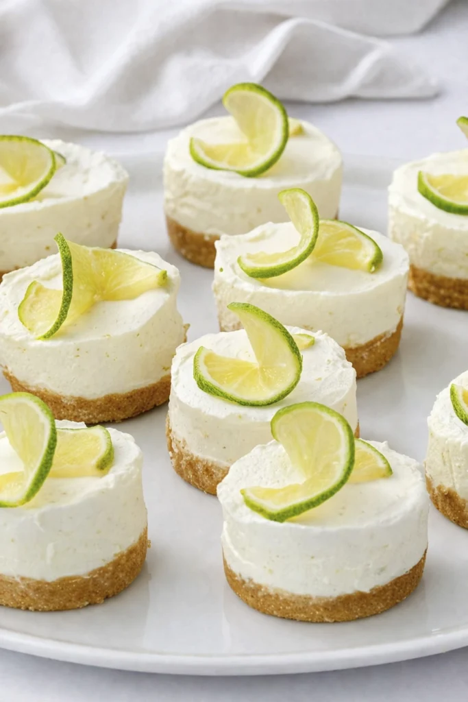 Mini no-bake lime cheesecakes with graham cracker crust and fresh lime slice garnish on a white platter.