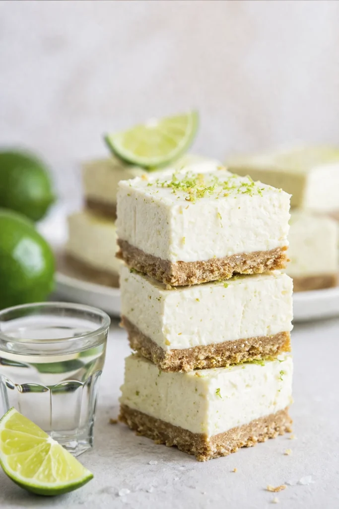 Stacked key lime cheesecake bars with graham cracker crust and fresh lime zest on a light background