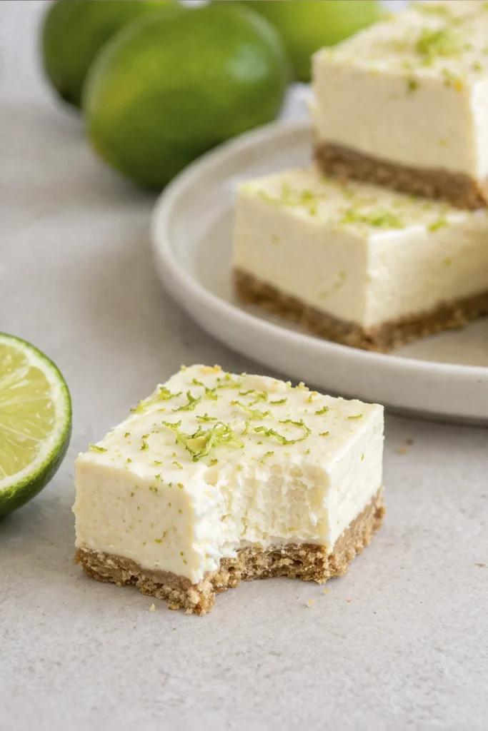 Creamy key lime cheesecake bars with graham cracker crust and fresh lime zest on a light surface