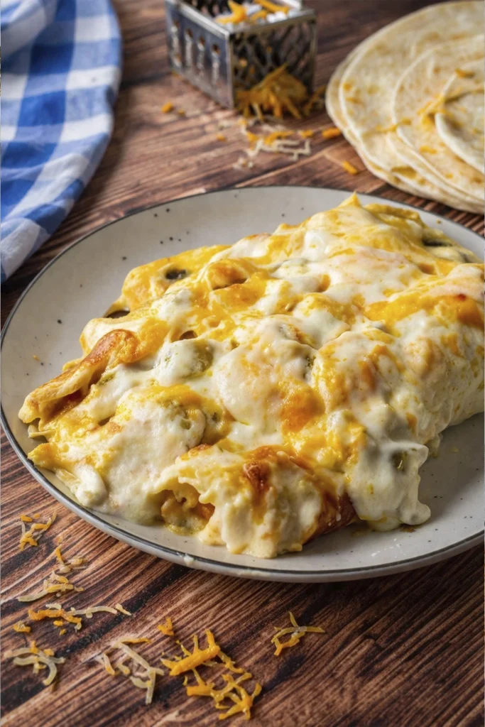 Close-up of cheesy white chicken enchiladas on a plate with melted cheese and rustic kitchen props.