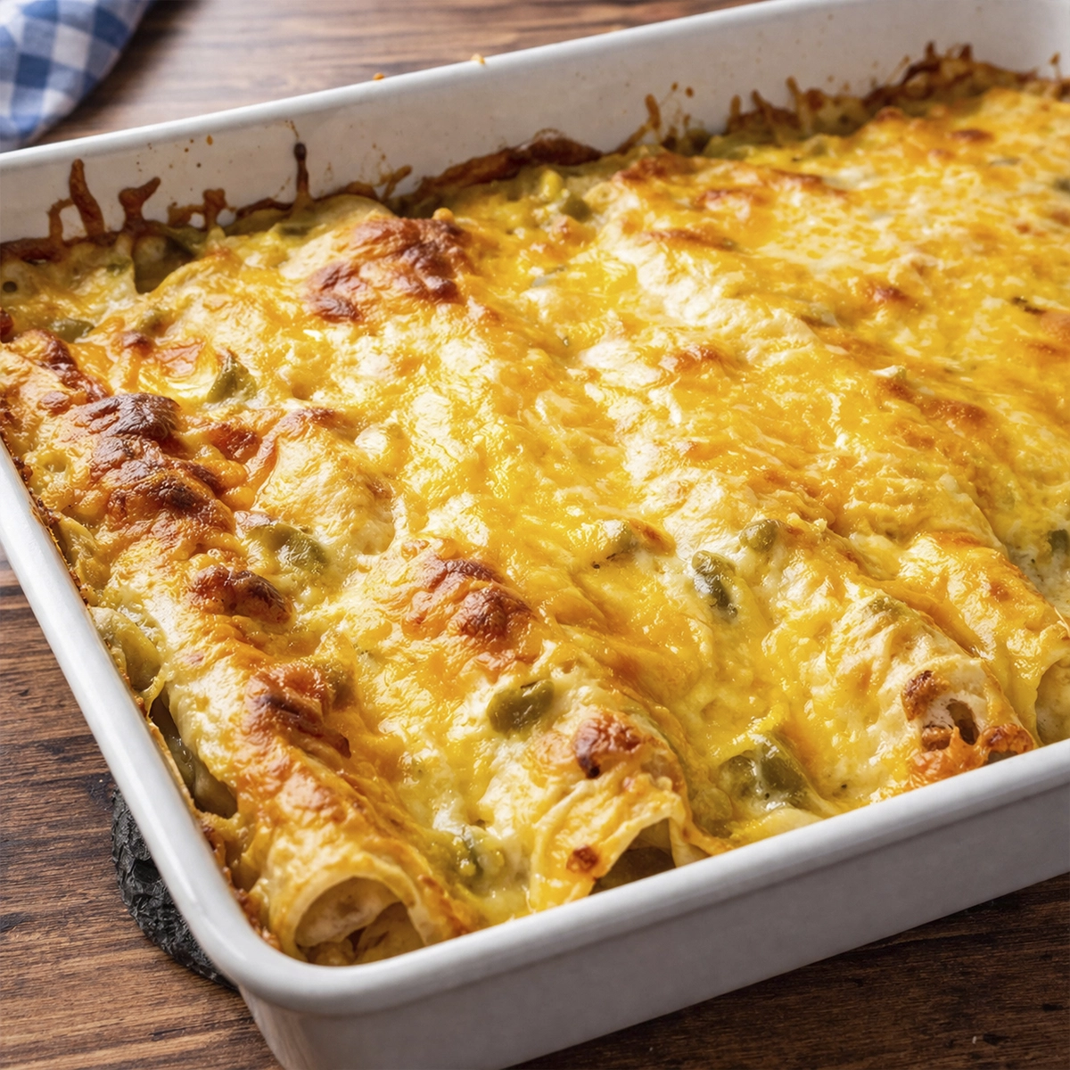 Close-up of cheesy enchilada casserole baked in a white dish with golden melted cheese and green chilies.