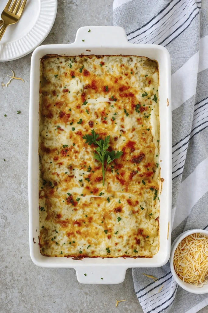 Overhead image of a cheesy baked casserole in a white baking dish topped with parsley on a light countertop.