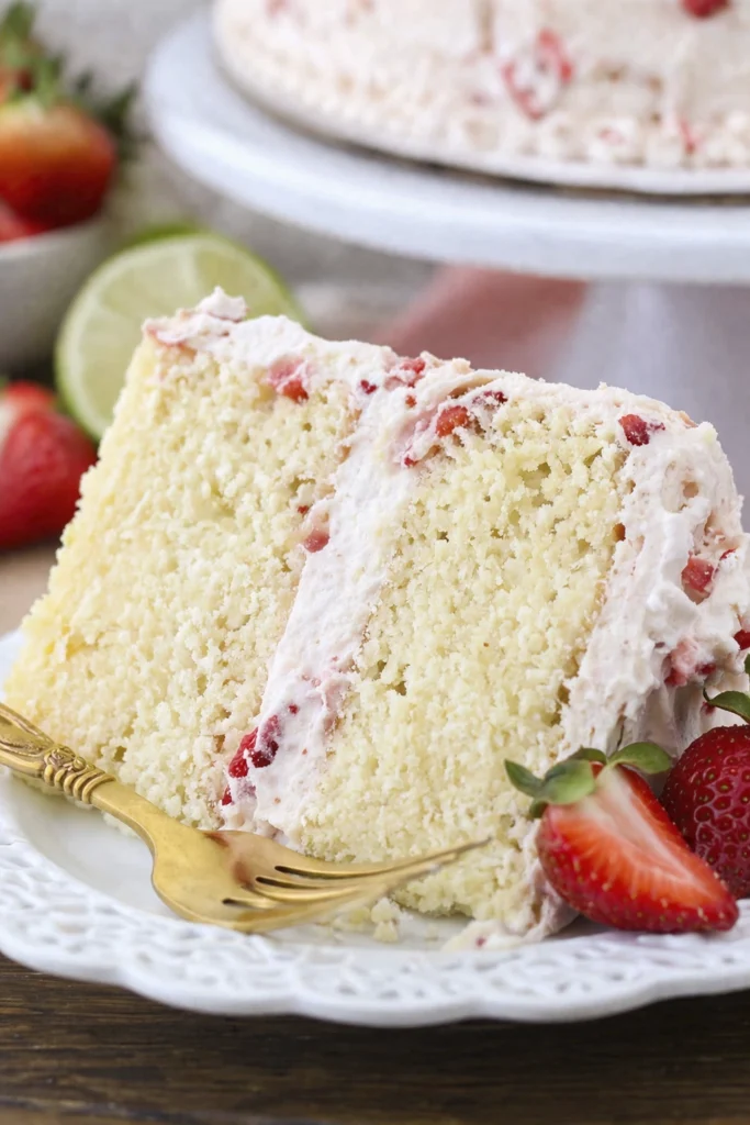Close-up slice of strawberry lime cake with creamy strawberry frosting on a white plate with a gold fork and fresh strawberries.