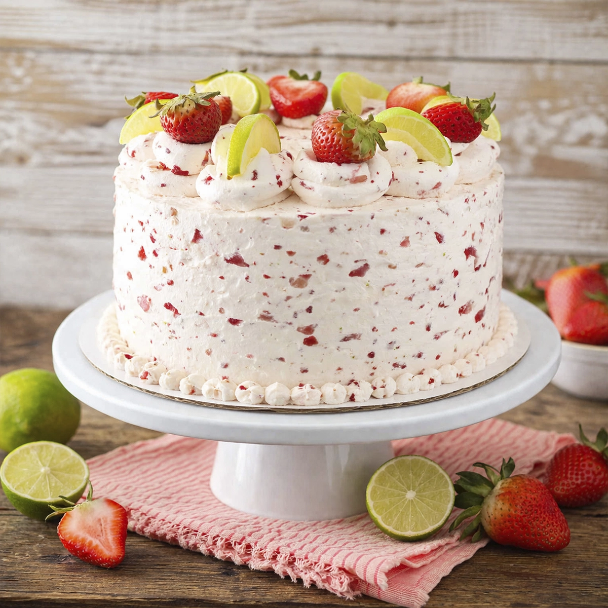 Strawberry lime cake with creamy frosting topped with fresh strawberries and lime wedges on a white cake stand.