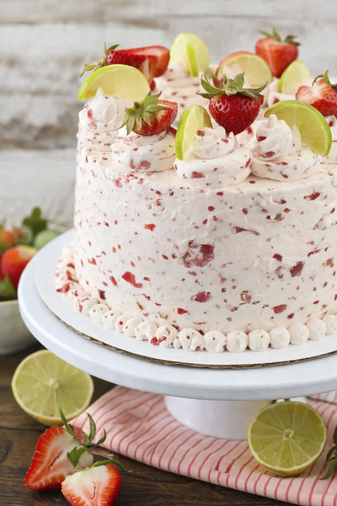 Strawberry lime cake with creamy frosting, topped with fresh strawberries and lime slices on a white cake stand.