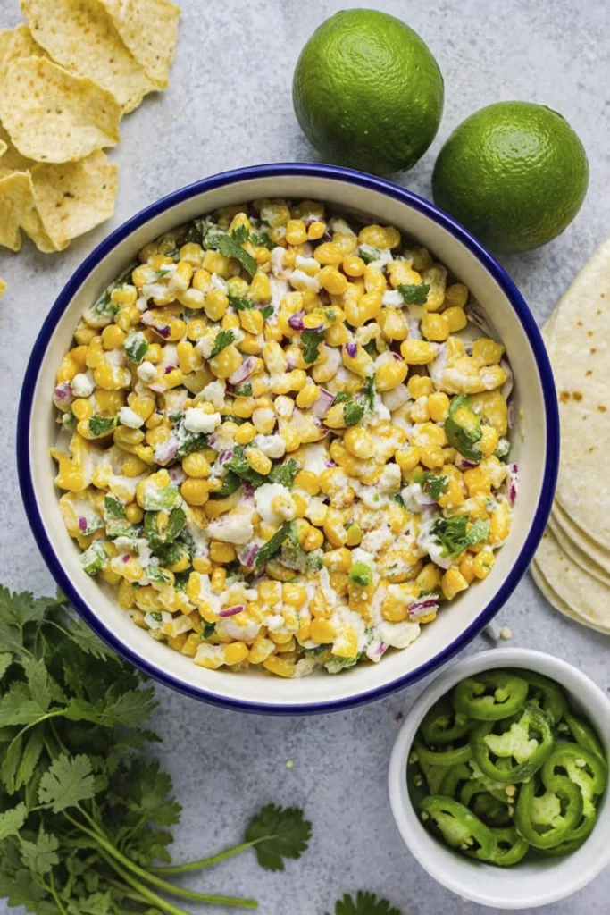 Overhead view of Mexican street corn salad in a bowl with jalapeños, limes, cilantro, tortillas, and tortilla chips on a gray surface.