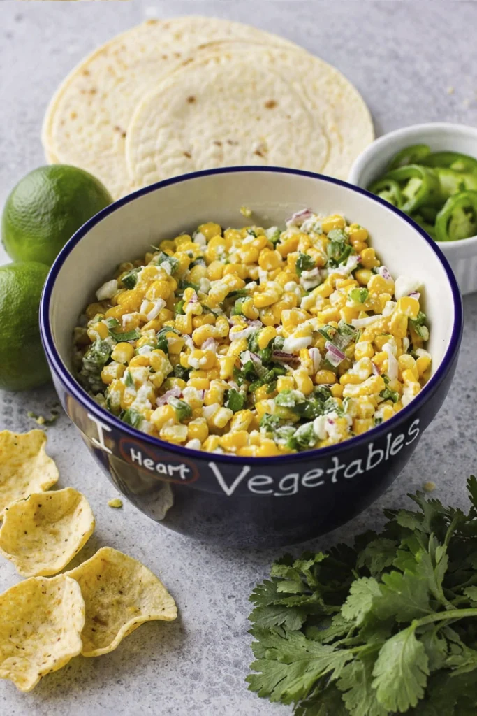Mexican street corn salad in a blue bowl with limes, jalapeños, cilantro, tortillas, and tortilla chips on a gray surface.