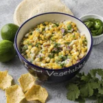 Creamy Mexican street corn salad served in a rustic bowl with limes, jalapeños, cilantro, and tortilla chips.