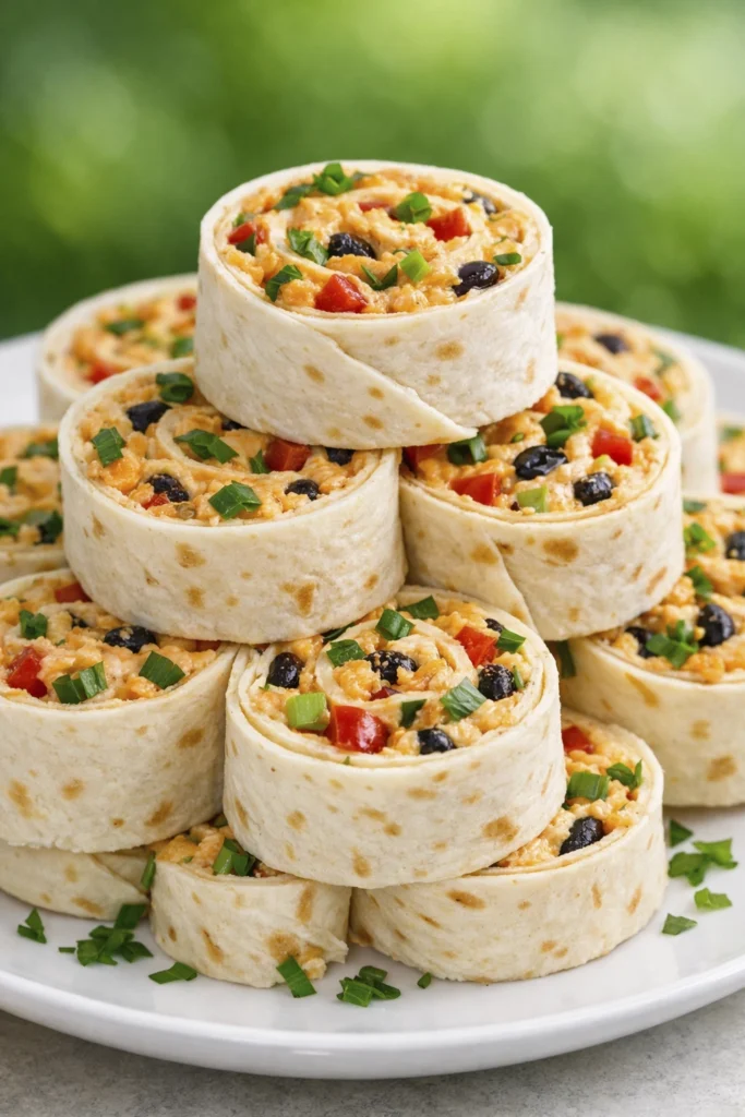 Close-up of creamy tortilla pinwheel wraps filled with cheese, vegetables, and herbs, arranged on a white plate.