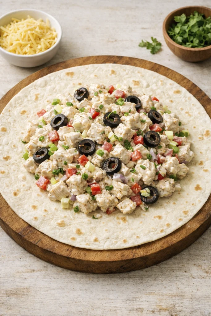 Top view of a flour tortilla filled with creamy chicken salad mixture and black olives on a wooden board with shredded cheese and herbs in the background