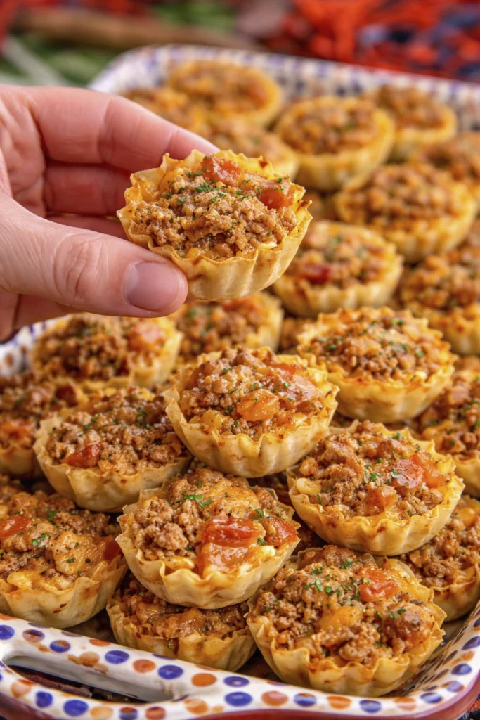 Crispy baked wonton lasagna cups filled with cheesy ground beef and tomato in a close-up appetizer shot.