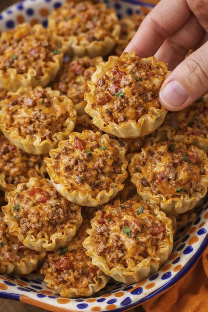 Close-up of mini lasagna wonton cups filled with cheesy beef and tomato baked in crispy wrappers.