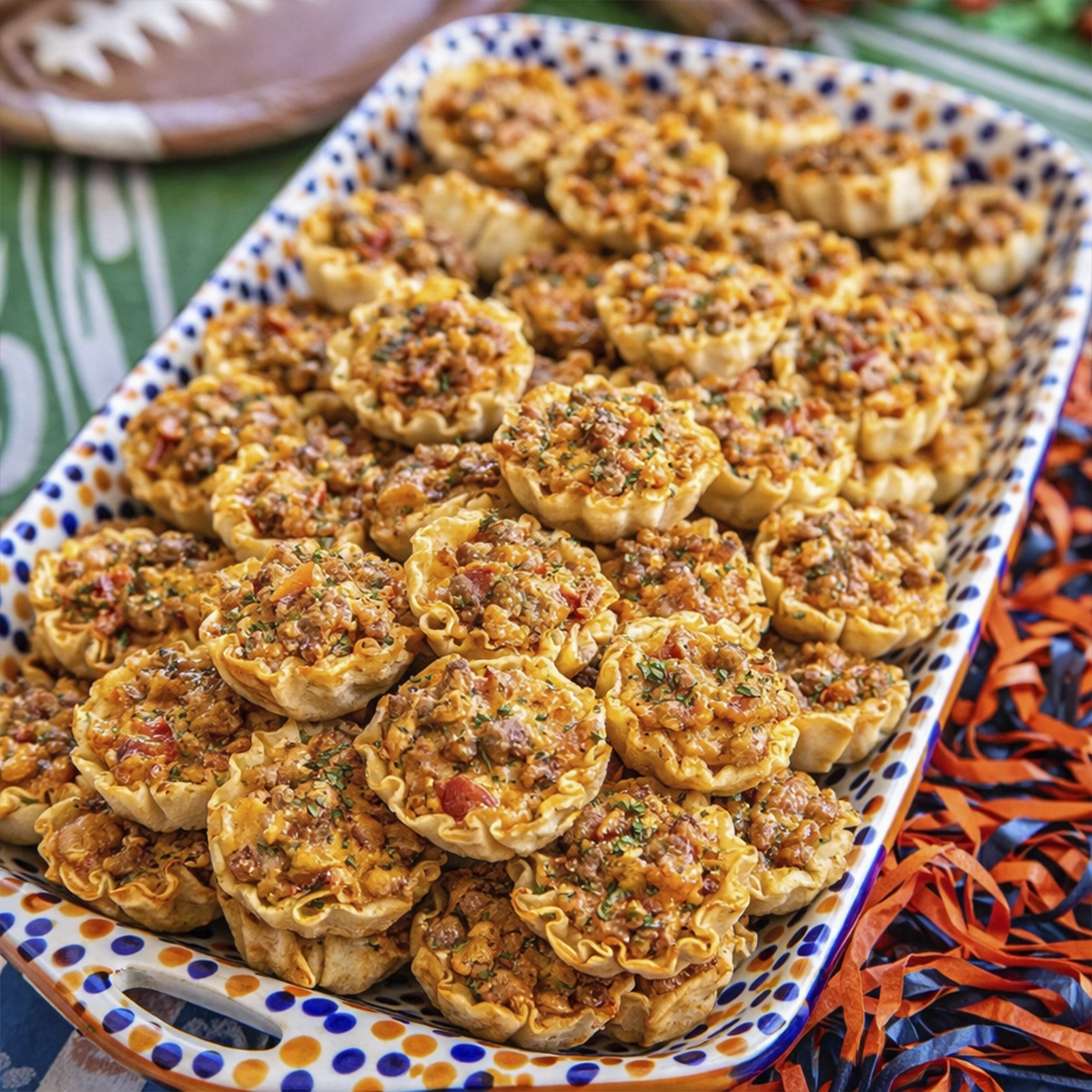 Taco ranch bites served on a platter as a cheesy party appetizer