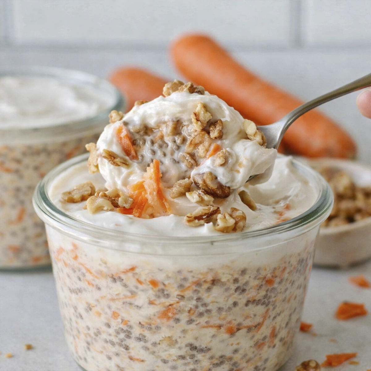 Creamy carrot cake overnight oats in a glass jar topped with yogurt and walnuts with a spoon lifting a bite