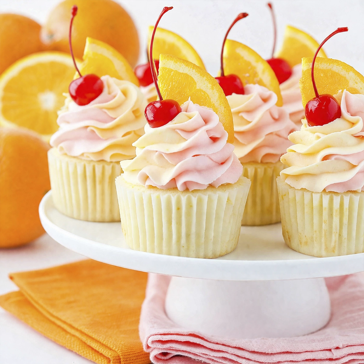 Orange creamsicle cupcakes with pink buttercream frosting, maraschino cherries, and fresh orange slices on a white cake stand.