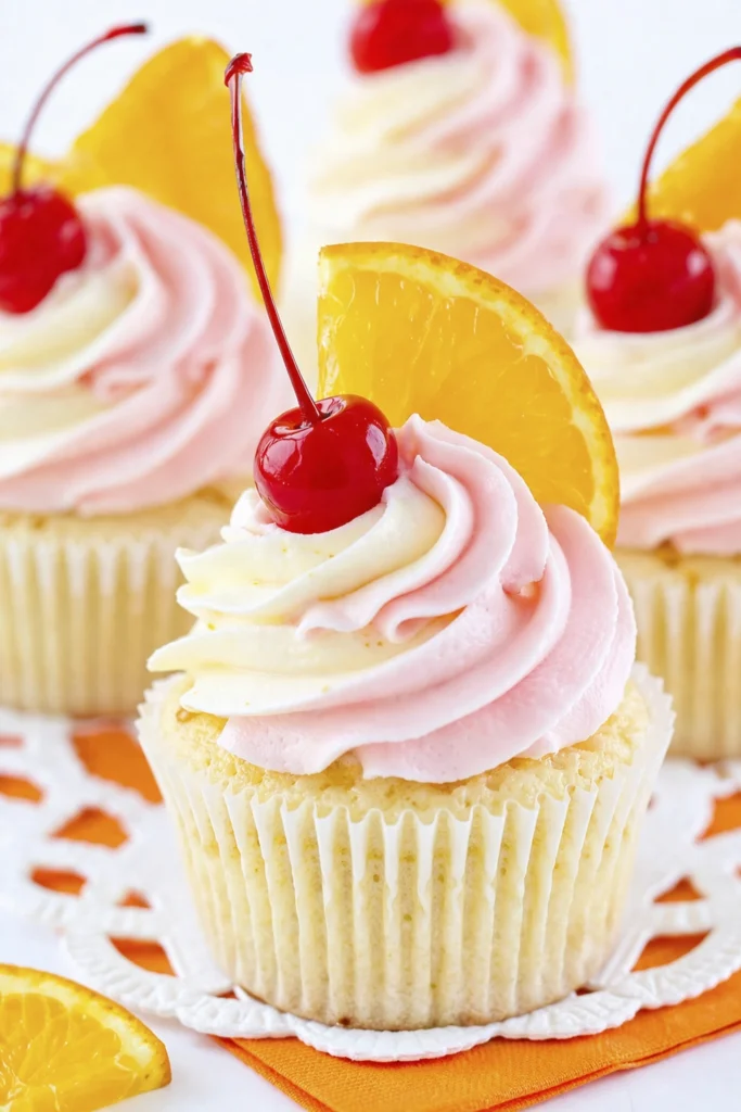 Close-up of vanilla cupcakes with pink buttercream frosting topped with maraschino cherries and orange slices.