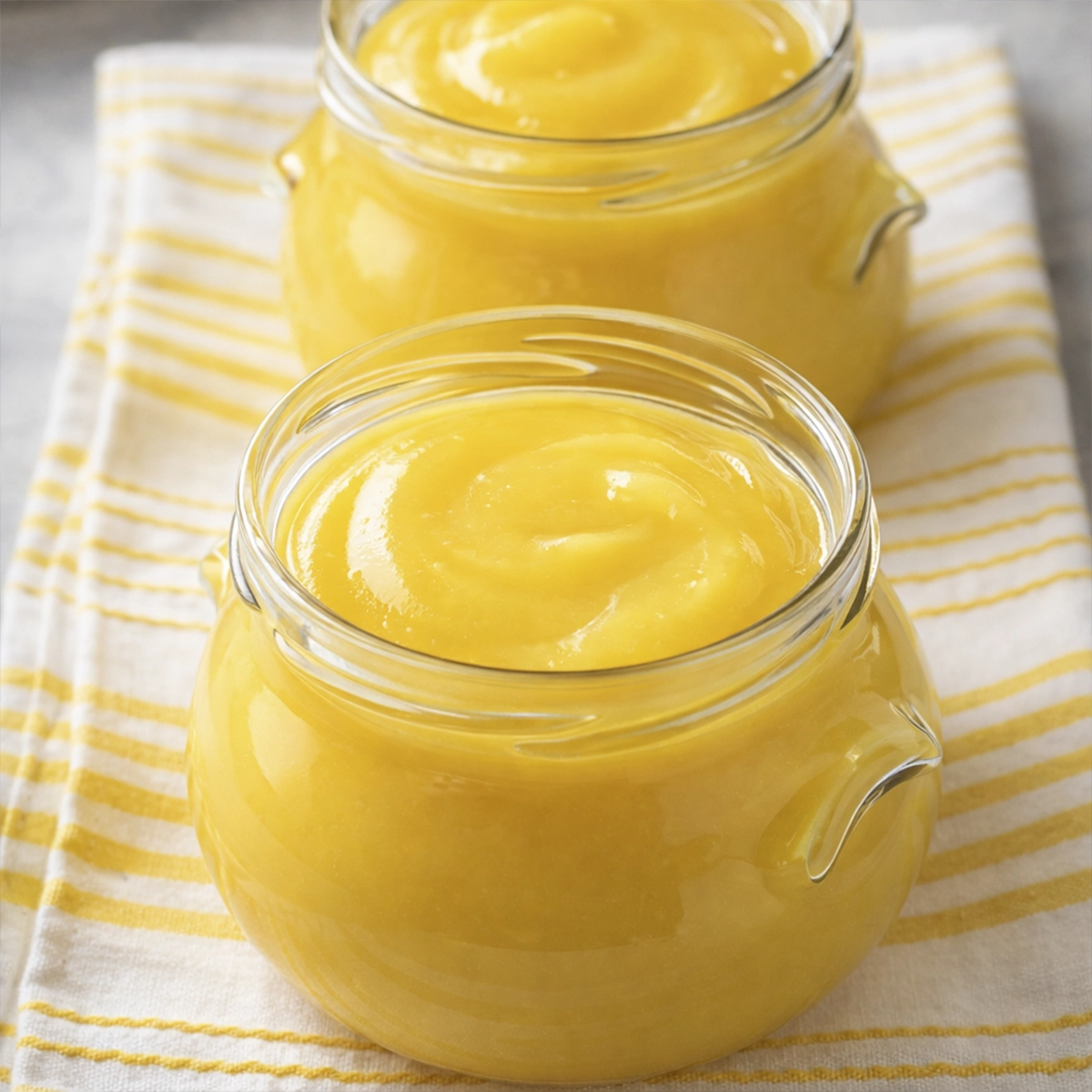 Two small glass jars filled with smooth and creamy lemon curd placed on a yellow striped cloth in soft natural light