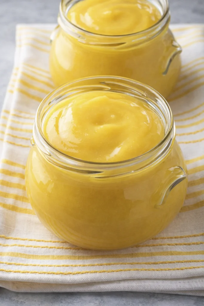 Close-up of smooth lemon curd in small glass jars placed on a white and yellow striped cloth.