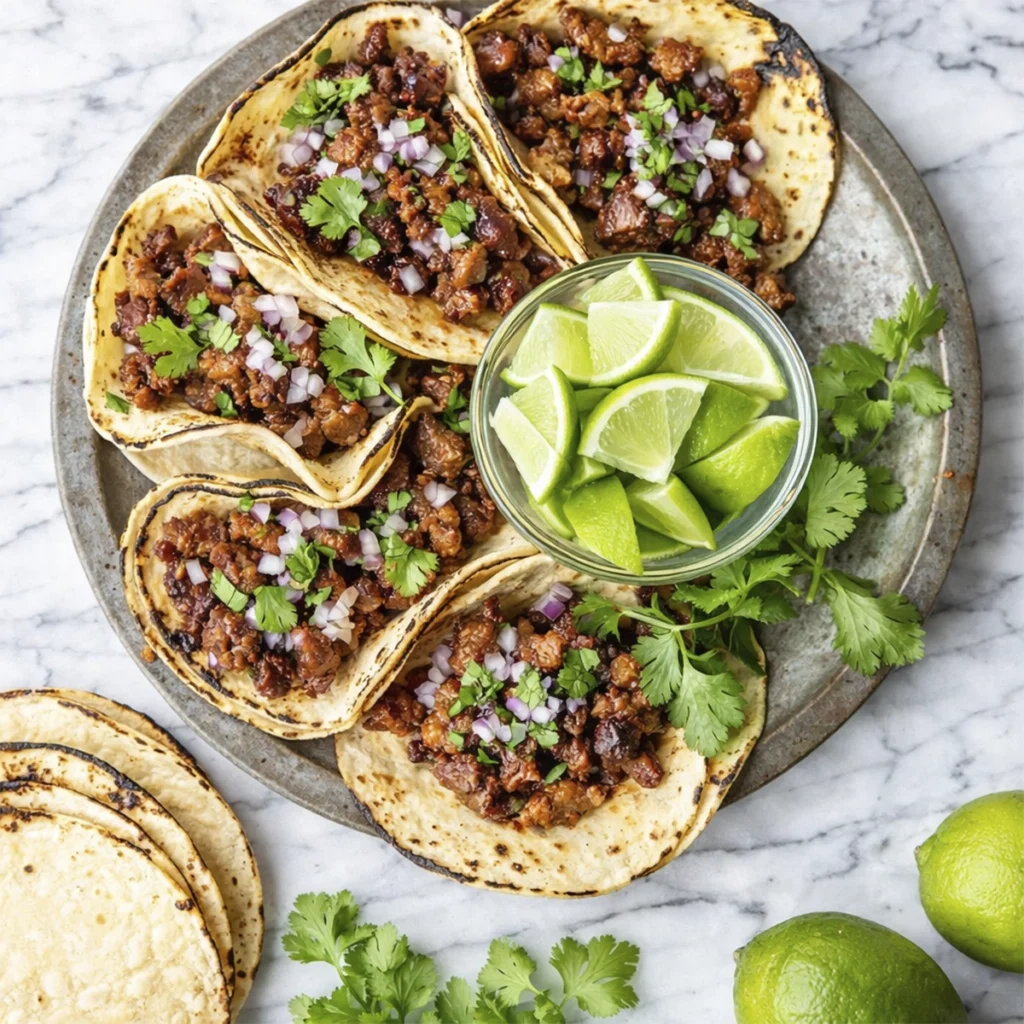 Authentic Mexican street tacos with grilled tortillas, carne asada, diced onions, cilantro, and fresh lime wedges on a marble background