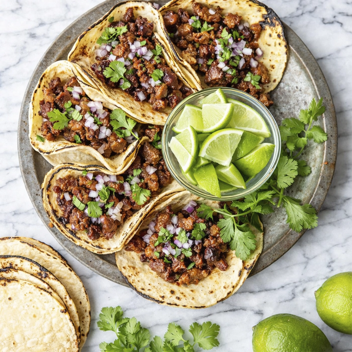 Authentic Mexican street tacos with grilled tortillas, carne asada, diced onions, cilantro, and fresh lime wedges on a marble background