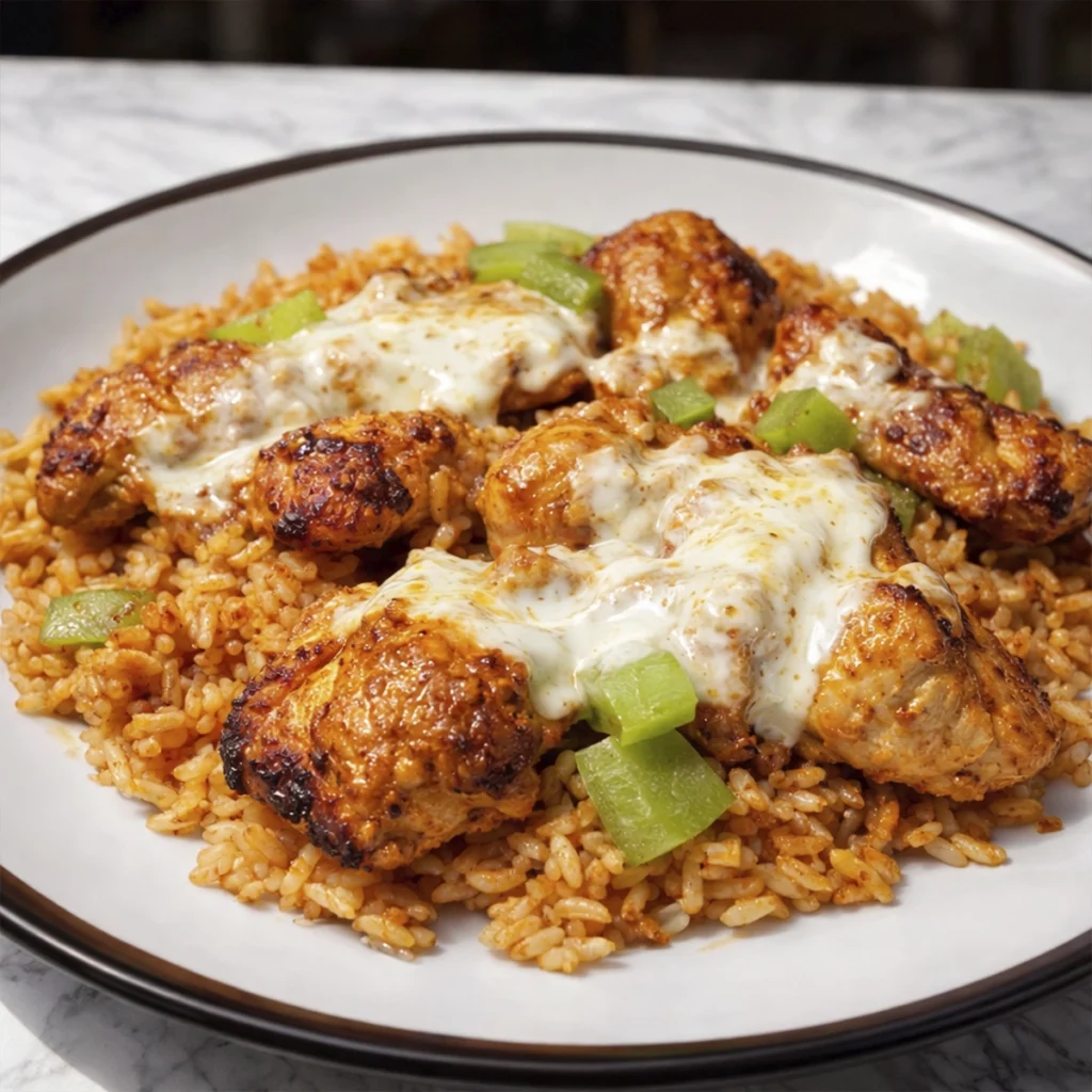 Cheesy chicken and rice with melted mozzarella, creamy sauce, and fresh herbs.