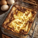 Baked apple custard casserole in a glass dish with golden top, cinnamon sticks and eggs on a wooden table