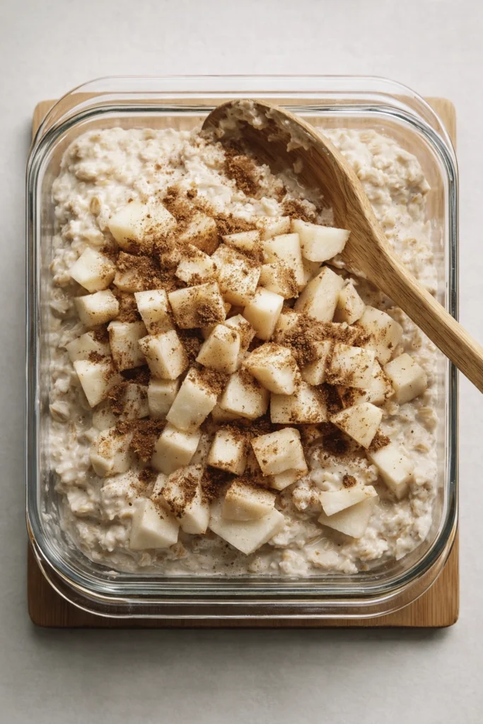 Creamy oatmeal with diced apples and cinnamon in a glass container, top-down breakfast meal prep view