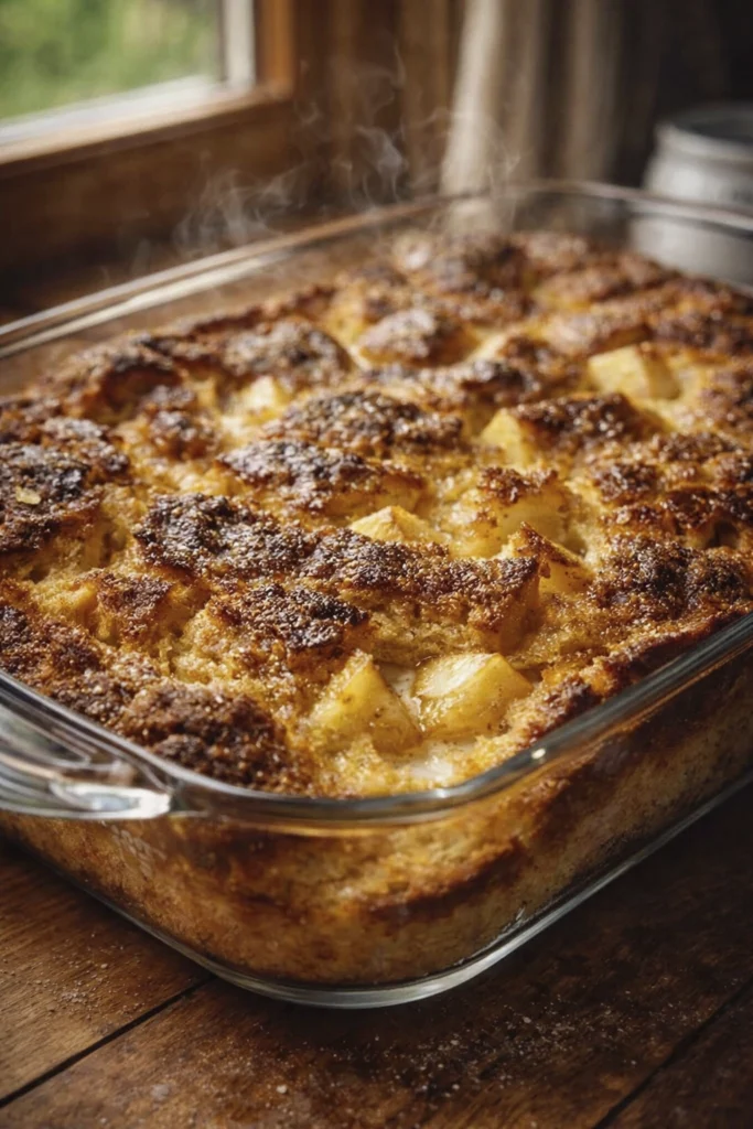 Freshly baked apple bread pudding in a glass dish with golden crust and soft custard texture near a window