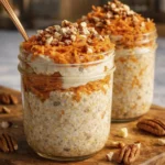 Carrot cake overnight oats in mason jars topped with shredded carrots and pecans on a wooden board