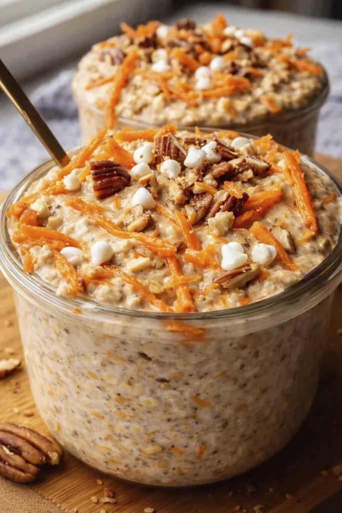 Carrot cake overnight oats in a glass jar with caramel drizzle, pecans, shredded carrots, and white chocolate chips on a wooden surface