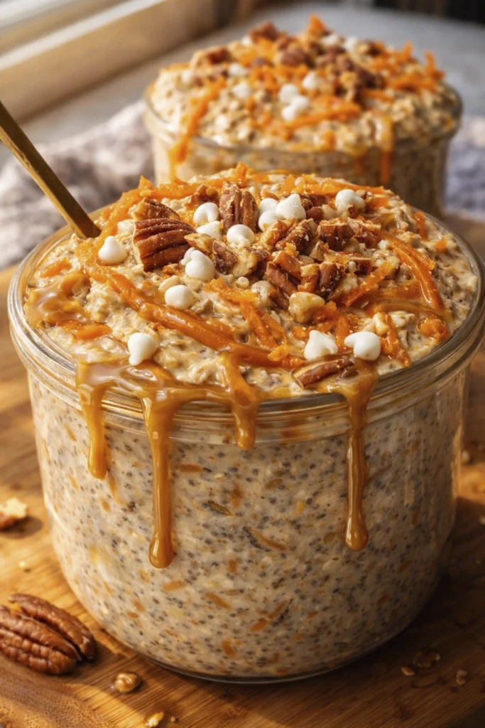 Close-up of carrot cake overnight oats in a glass jar topped with pecans, shredded carrots, and white chocolate chips on a wooden surface